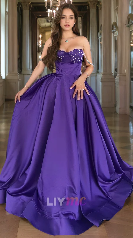 Women's Clothing For Special Occasions Seasonal Trends LP796 - A Line Sweetheart Beads Purple Satin Long Formal Prom Dress