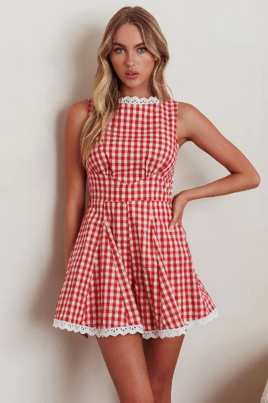 Women's Stylish Outdoor Outfit Summer Fashion Loving Me Sleeveless Romper Gingham Red