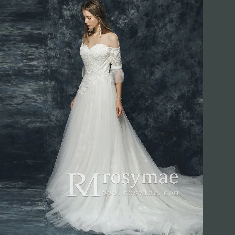 Women's Stylish Outdoor Outfit Fashion Forward Femme Off The Shoulder A Line Tulle Wedding Dress with Half Sleeve