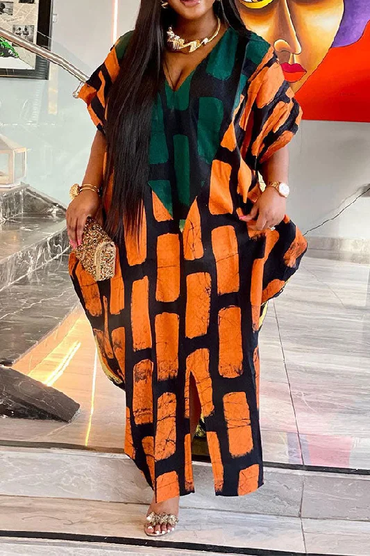 Women's Travel Garments Limited Time Offers Color Block Graphic Print Relaxed V Neck Maxi Dress