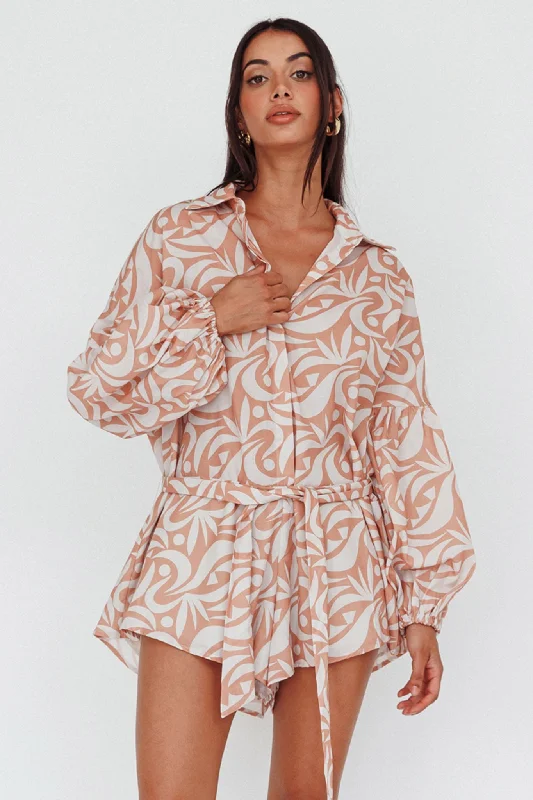 Women's Casual Apparel For Weekends Embrace New Fashion Daytona Beach Long Sleeve Shirt Romper Print Peach