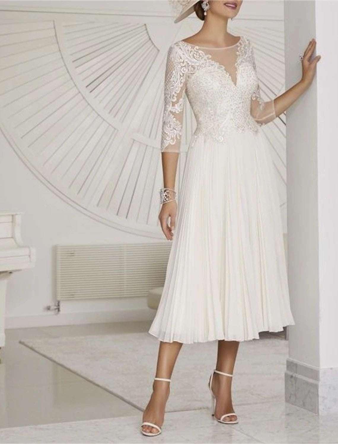 Women's Seasonal Attire Effortless Style, Endless Impact Little White Dresses Formal Wedding Dresses A-Line Boat Neck 3/4 Length Sleeve Tea Length Chiffon Bridal Gowns With Pleats Beading