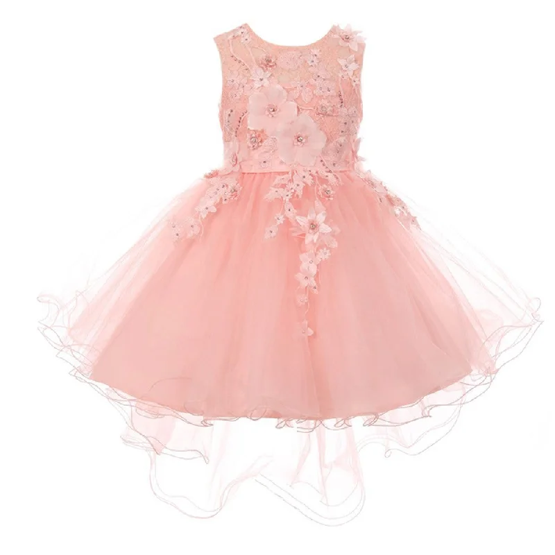 Women's Transitional Outfit Stylish Savings Little Girls Blush 3D Floral Appliques Hi-Low Tulle Flower Girl Dress 2-6