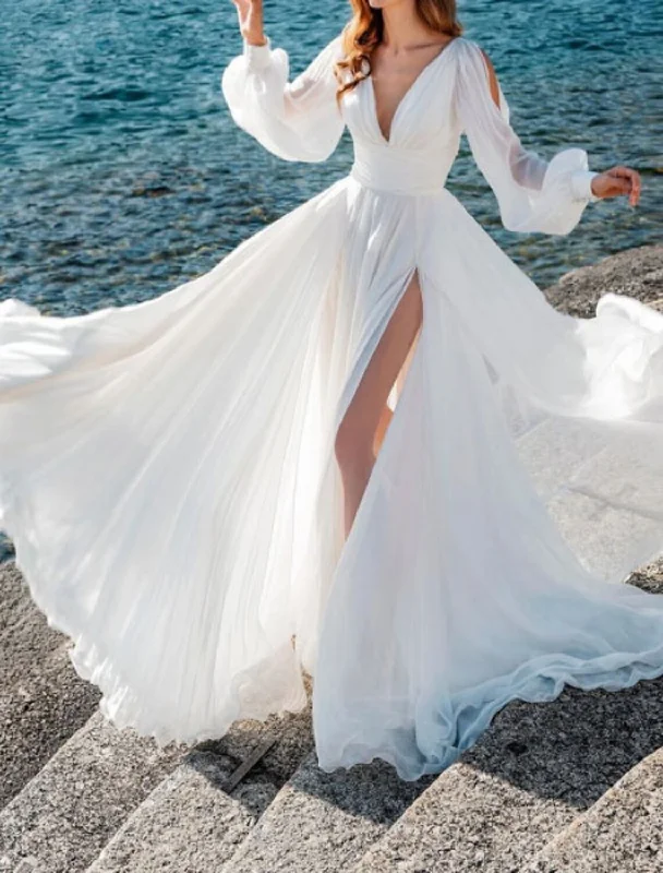 Affordable Women's Attire Trendsetting Threads Beach Wedding Dresses A-Line V Neck Long Sleeve Sweep / Brush Train Chiffon Bridal Gowns With Split Front