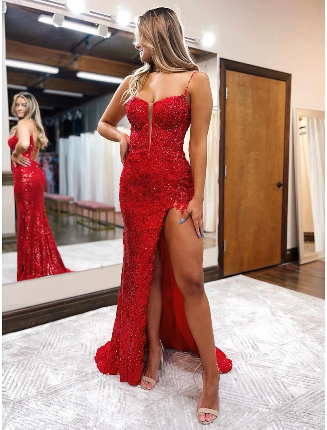 Women's Workout Garments Fashion Forward Femininity Mermaid / Trumpet Prom Dresses Sparkle & Shine Dress Formal Sweep / Brush Train Sleeveless Spaghetti Strap Sequined Backless with Beading Sequin Slit