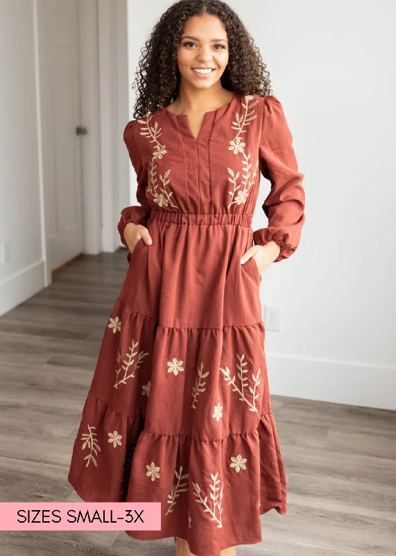 Women's High-End Clothing End Of Season Sale Megan Burgundy Embroidered Floral Dress