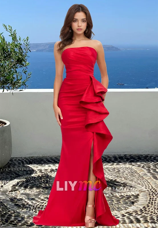 Women's Elegant Evening Outfit Huge Price Cut Off-Shoulder Sleeveless Side Slit Ruffled Mermaid Prom Dress