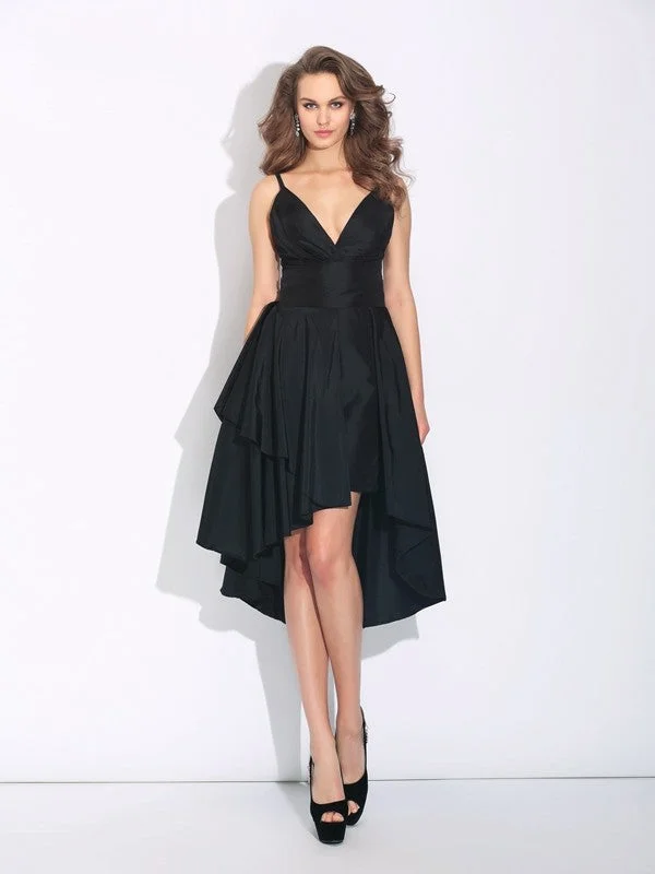 Casual Clothes For Women Cool Prices A-Line/Princess Spaghetti Straps Ruffles Sleeveless High Low Taffeta Dresses