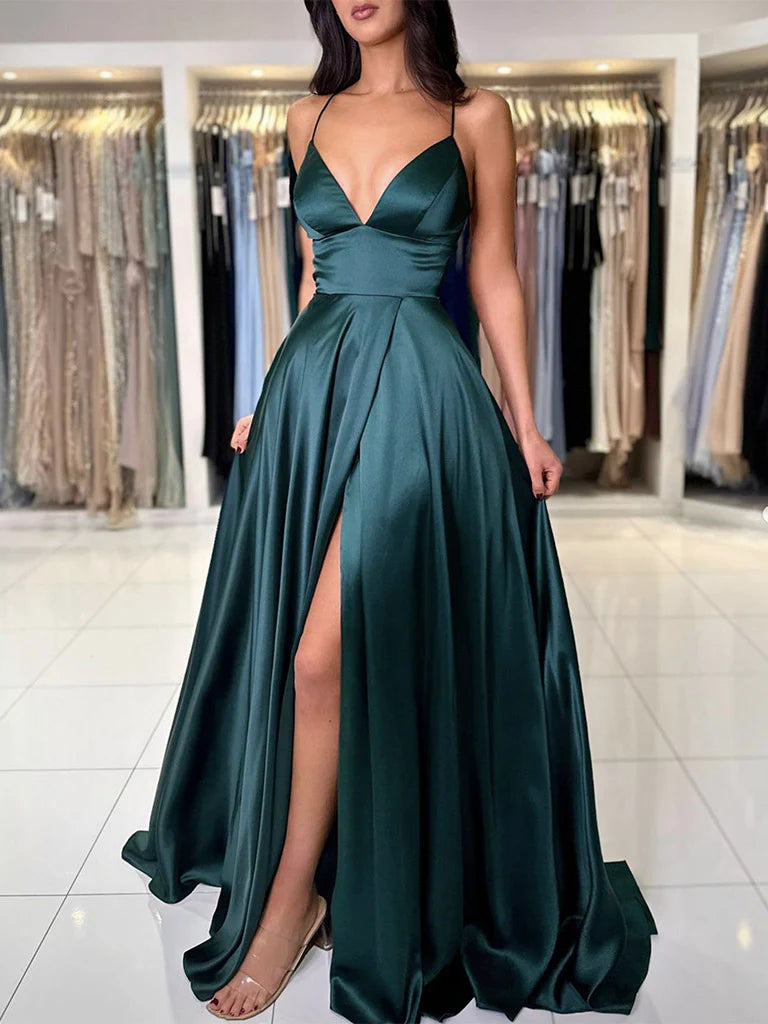 Women's Wedding Apparel Style Beyond Borders Amzcw A-Line V Neck Dark Green Satin Long Prom Dress Dark Green Evening Dress prom dresses shops