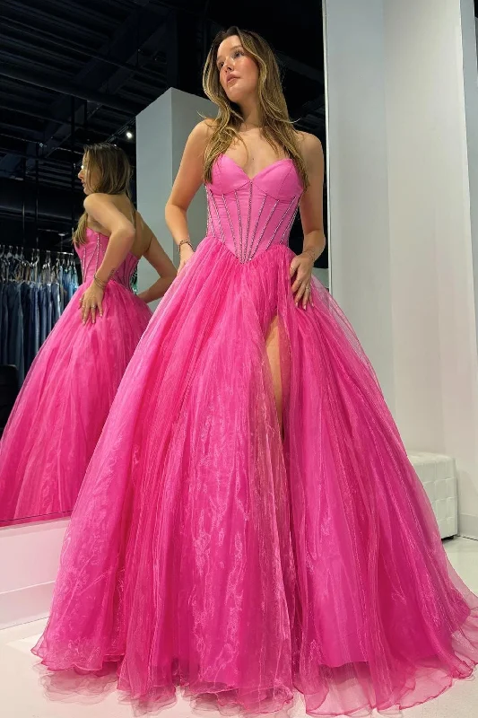 Women's Vintage-Inspired Outfit Latest Fashion Strapless Beaded Ball Gown with Slit in Hot Pink