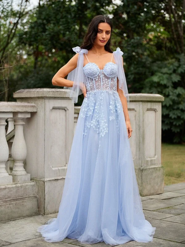 Timeless Women's Clothing Modern Romance A-Line/Princess Tulle Applique Straps Sleeveless Sweep/Brush Train Dresses