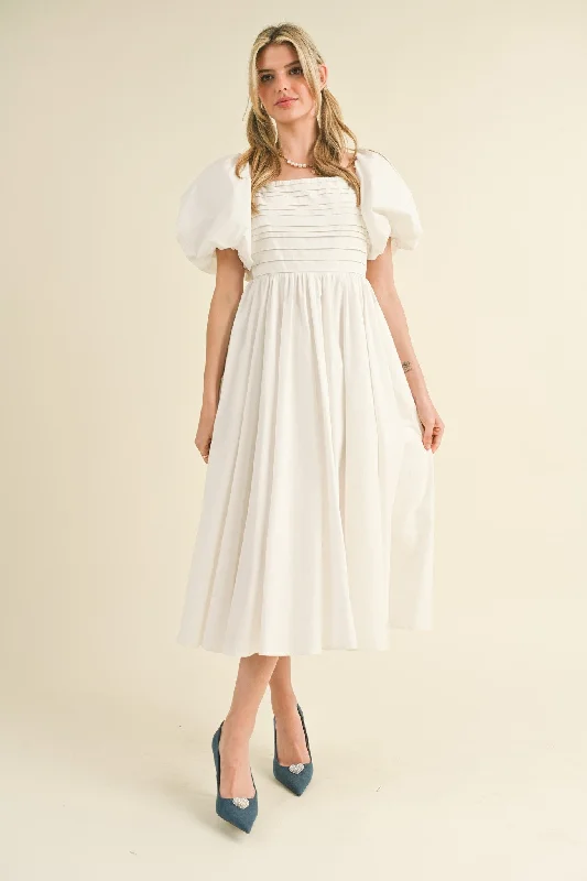 Elegant Women's Attire Trendy And Individual Women's Fashion Off White Balloon Sleeve Pleated Midi Dress