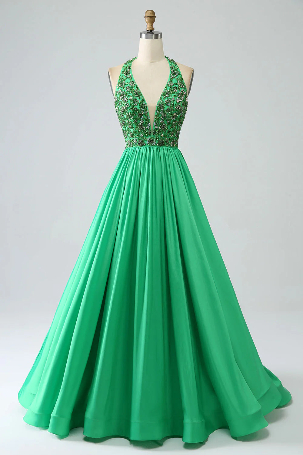 Women's Casual Clothing For Lounging Save Big Amzcw Green Princess A-Line Halter Long Satin Prom Dress with Beading prom dresses shops