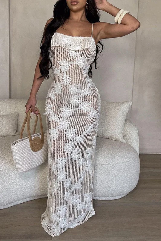 Women's Clothes For The Office Trendy Threads Flower Decor Beachy Lace-Up See-Through Knitted Maxi Dress