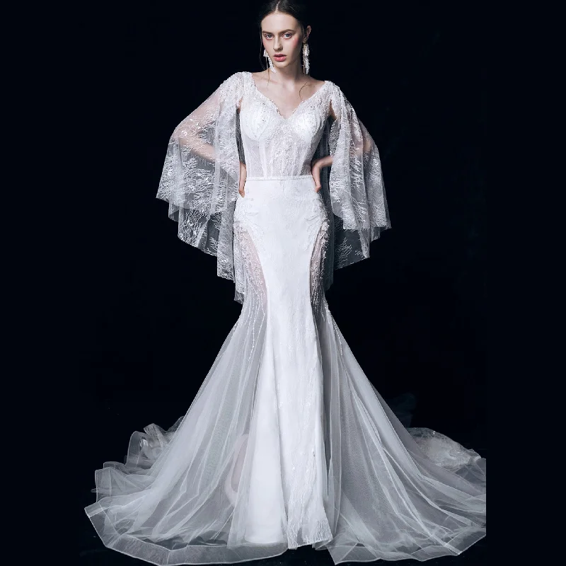 Women's Seasonal Wardrobe Clothing Stupidly Low Prices Unique Mermaid Sheer Lace Wedding Dress With Lantern Sleeve