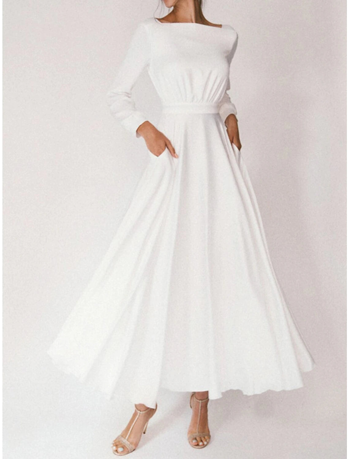 Women's Work Apparel Elegant Styles Bridal Shower Simple Wedding Dresses A-Line Square Neck Long Sleeve Ankle Length Chiffon Bridal Gowns With Pleats Summer Wedding Party