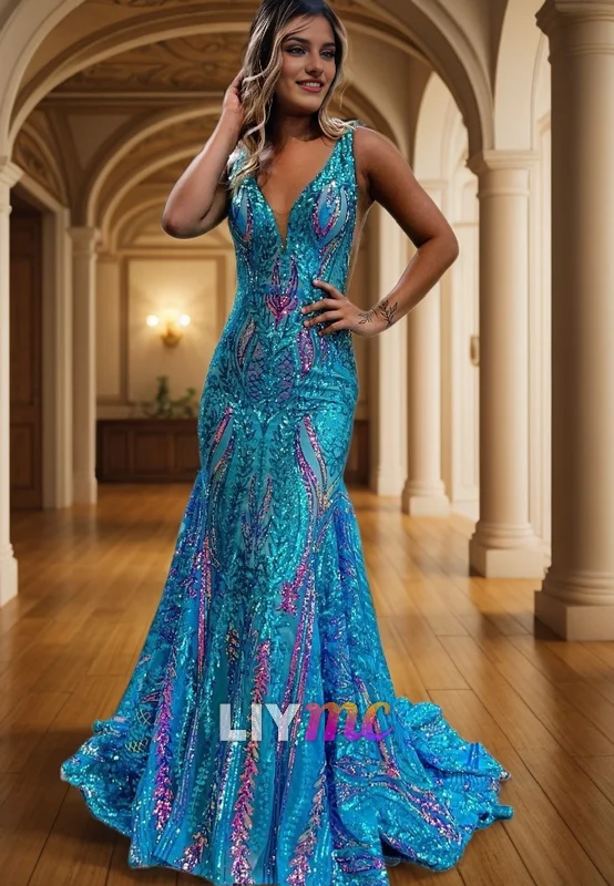 Women's Travel Apparel Fashion Sale LP2314 - V-Neck Sleeveless Appliques Mermaid Prom Dress