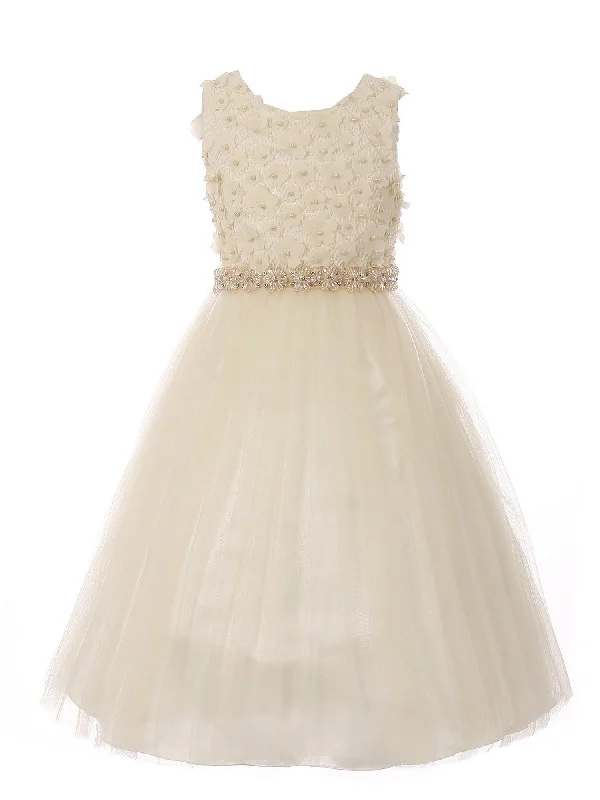 Formal Attire For Women Casual Chic Little Girls Champagne Pearl 3D Floral Accents Tulle Flower Girl Dress 2-6