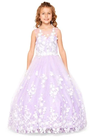 Women's Vintage Attire Feminine Allure Little Girls Lilac 3D Floral Applique Lace Sequin Flower Girl Dress 2-6