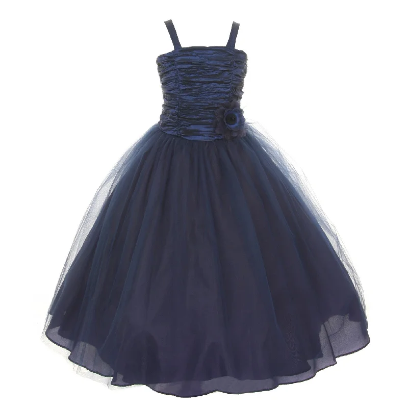 Charming Women's Holiday Apparel Daily Essentials Big Girls Navy Crinkled Bodice Floral Adorned Tulle Flower Girl Dress 8-16