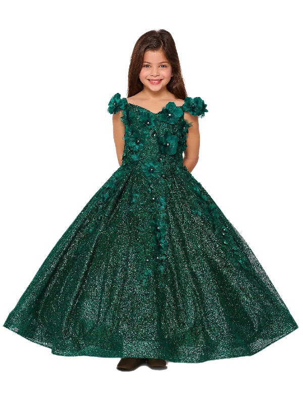 Women's High-Fashion Clothes Ride The Style Wave Bliss Little Girls Hunter Green 3D Floral Applique Off Shoulder Ball Gown 2-6