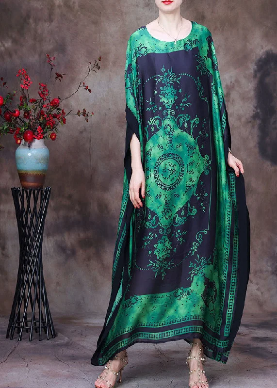 Women's Comfortable Apparel Get The Latest Trends Loose Green O-Neck Asymmetrical Design Print Silk Beach Dress Gown Batwing Sleeve