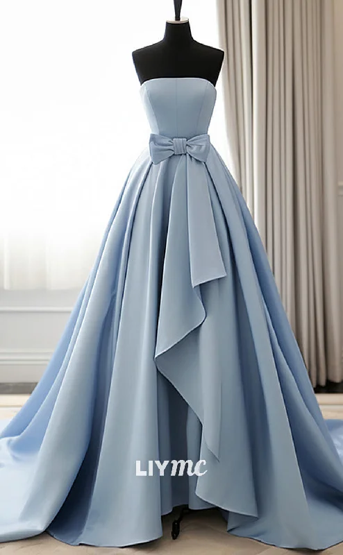 Women's Weekend Outfit Feminine Allure LP1908 - Simple A-Line Satin Blue Long Prom Dress, Blue Long Evening Dress