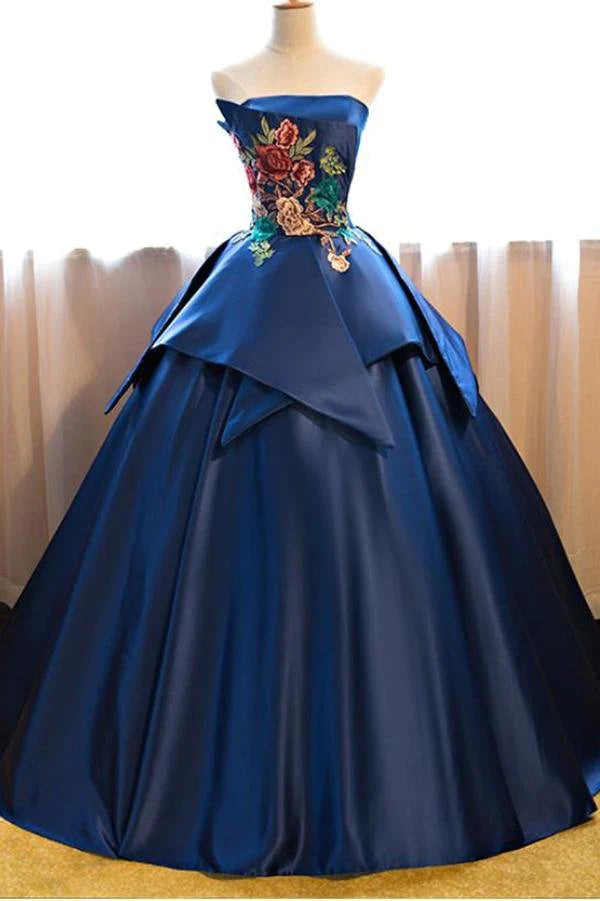 Stylish Women's Garments Y2K Nostalgic Fashion Look Dark Blue Ball Gown Satin Strapless Lace up Appliques Long Prom Quinceanera Dress