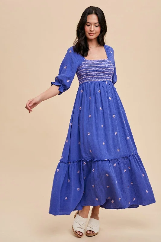 Women's Evening Attire Season Appropriate Women's Collection Royal Blue Gauze Smocked Embroidered Square Neck Midi Dress