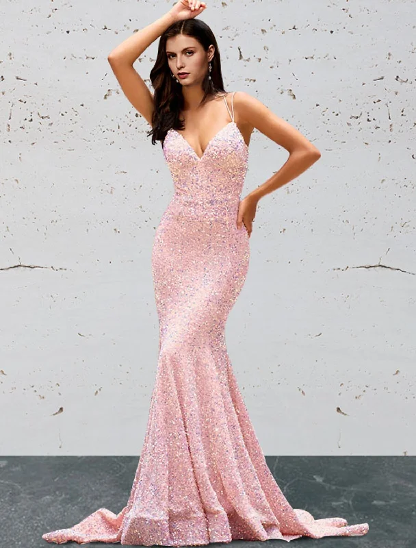 Women's Travel Outfit Set Trendy New Clothes Mermaid / Trumpet Prom Dresses Open Back Dress Prom Sweep / Brush Train Sleeveless Sweetheart Sequined Backless with Sequin