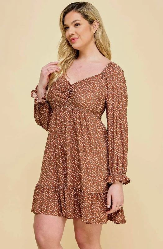 Women's Cozy Outfit For Lounging Fashion Sale Dress - Floral Babydoll Dress, Mocha, Also Plus Size