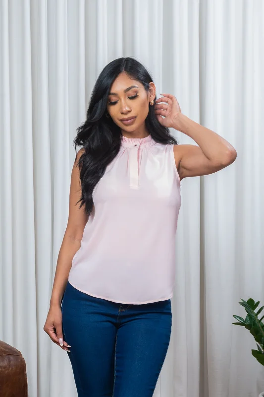 Plus-Size Women's Clothing Feminine Soft - Hued Styles Sleeveless Tank Top with Button Up Tuck Pleated Mandarin Collar in Light Pink (P260137)