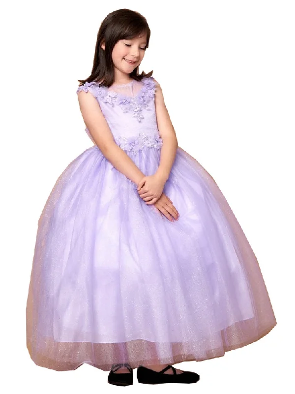 Modern Women's Apparel Flash Sale, Don'T Miss Big Girls Lilac Illusion Neckline Floral Applique Glitter Tulle Dress 8-16