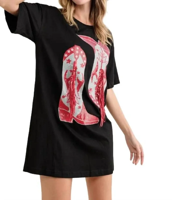 Elegant Women's Attire Hurry Before It's Gone Cotton Sequin Western Cowboy Graphic Mini Dress In Black