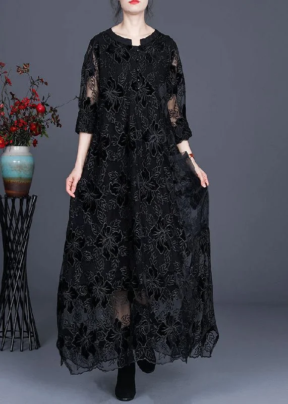 Women's High-Fashion Apparel Stylish Statements Unique Black Lace Dress Casual Plus Size Caftans Gown