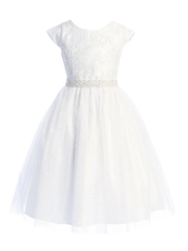 Women's Stylish Professional Garments Travel Essentials Girls White Cord Sequin Floral Embroidered Lace Communion Dress 6-16