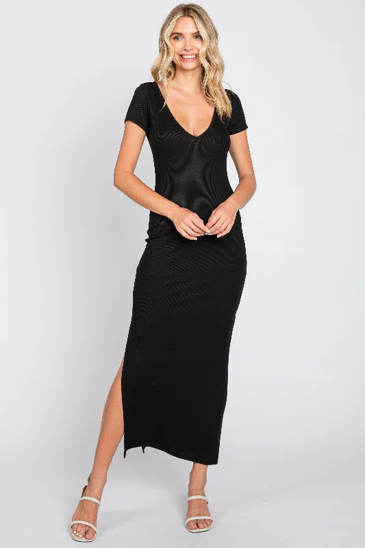 Women's Seasonal Attire Dive Into Trendy Women's Fashion Black Basic Ribbed Side Slit Midi Dress