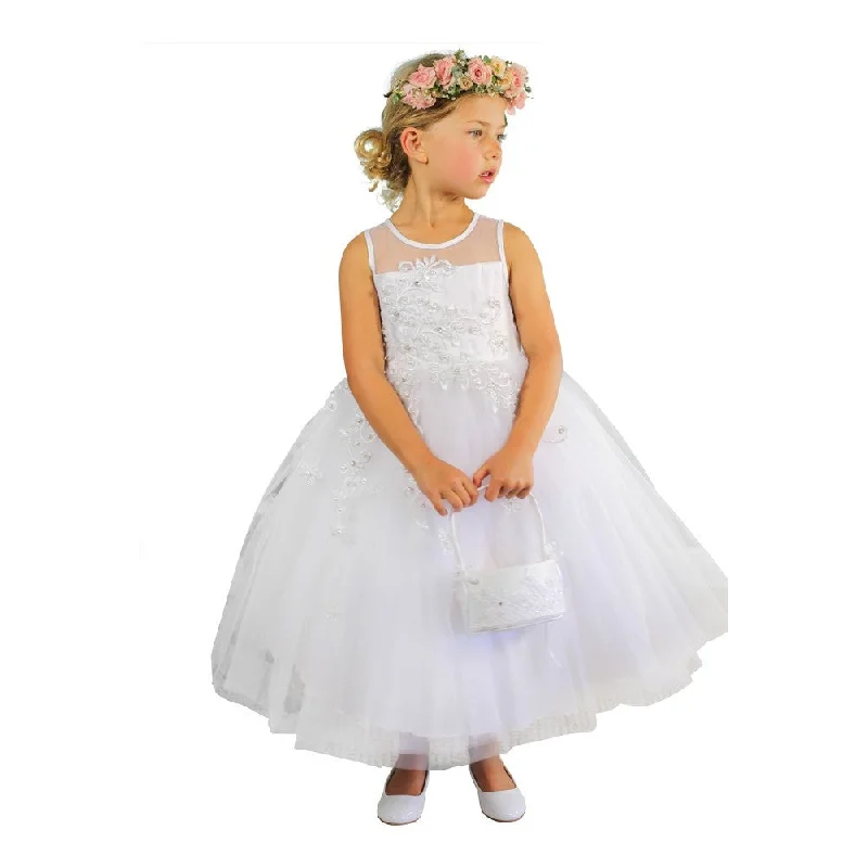 Women's Elegant Apparel Crazy Price Slashing Big Girls Ivory Illusion Neckline Floral Lace Adorned Flower Girl Dress 8-12