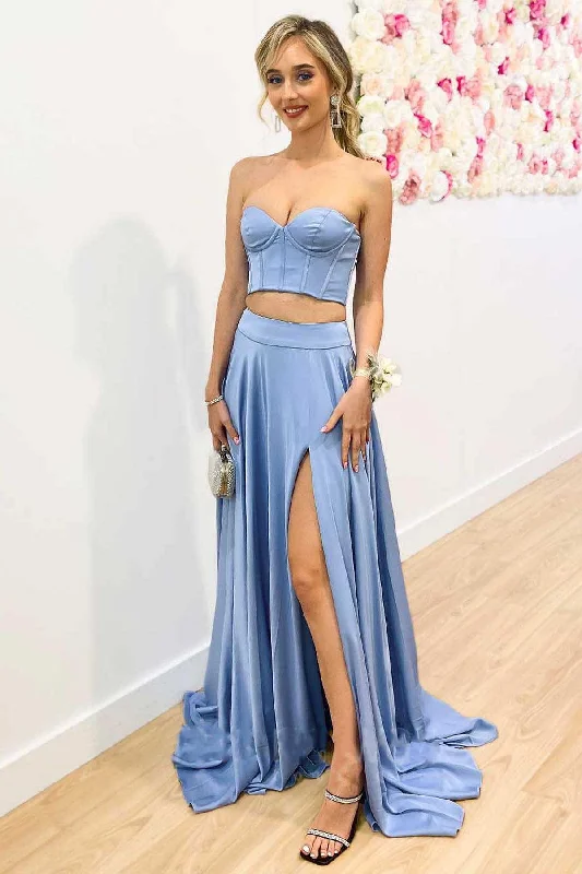 Women's Trendy Garments Vintage Inspired Fashion Sale Periwinkle Two-Piece Strapless A-Line Long Prom Gown