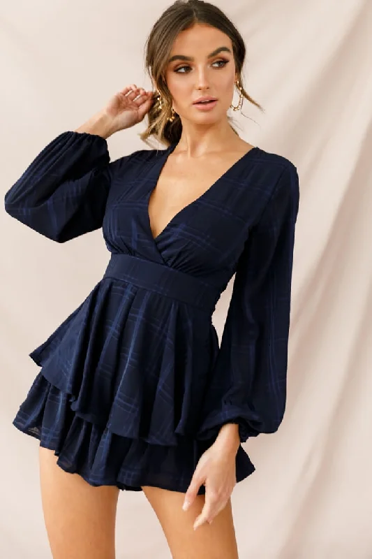 Women's Chic Apparel Trendy New Clothes Maddox Fit & Flare Long Sleeve Romper Navy