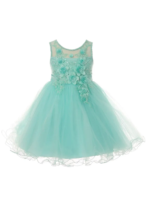 Women's Chic Outfit Fashion Forward Little Girls Aqua 3D Floral Sequin Wired Tulle Skirt Flower Girl Dress 2-6