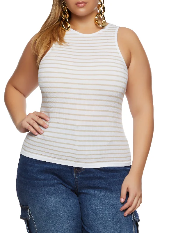 Women's Clothing For Casual Outings Beat The Heat In Tropical Styles Plus Size Rib Knit Stripe Tank Top