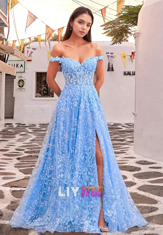 Women's Classic Outfit Special Offers, Don'T Miss Off-Shoulder Sleeveless Side Slit Appliques A-Line Prom Dress