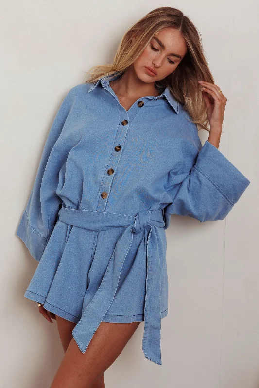 Women's Trendy Casual Outfit Wardrobe Upgrade Daytona Beach Button-Up Romper Denim Blue