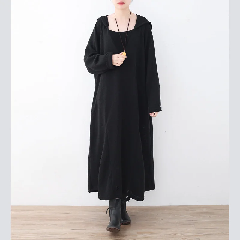 Fashionable Women's Casual Apparel Cutting Edge Fashion Fine black linen dress plussize V neck linen gown vintage hooded caftans