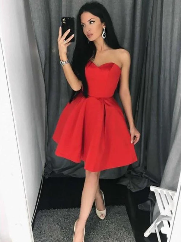 Women's Stylish Vacation Attire Parisian Effortless Chic Style A-Line/Princess Satin Sweetheart Sleeveless Ruffles Short/Mini Dresses