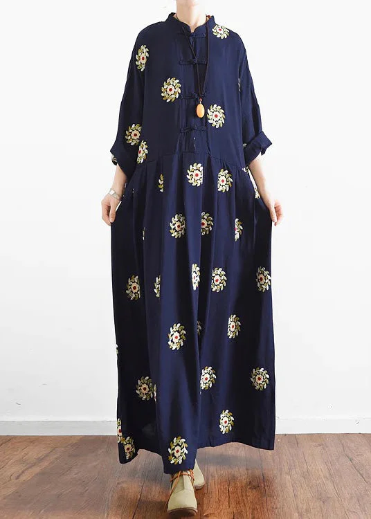 Women's Wedding Apparel Style Revolution 2024 fall Navy embroidered chiffon dresses oversized chiffon gown caftans traveling