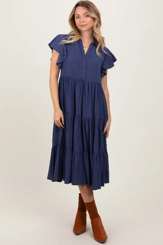 Women's Stylish Outdoor Outfit New Season Fashion Preview Navy Blue Ruffle Sleeve V-Neck Tiered Midi Dress