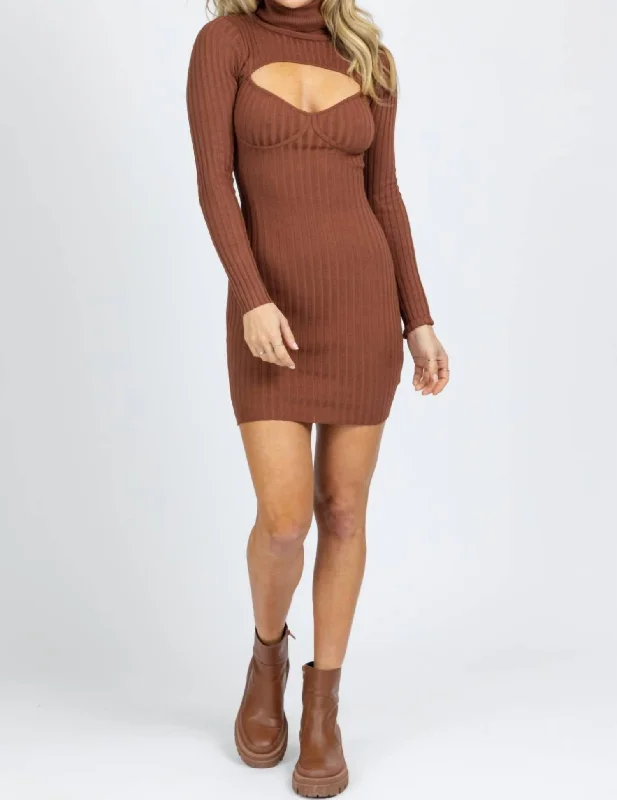 Women's Effortless Casual Outfit Low Price Special Turtleneck Keyhole Knit Mini Dress In Cocoa