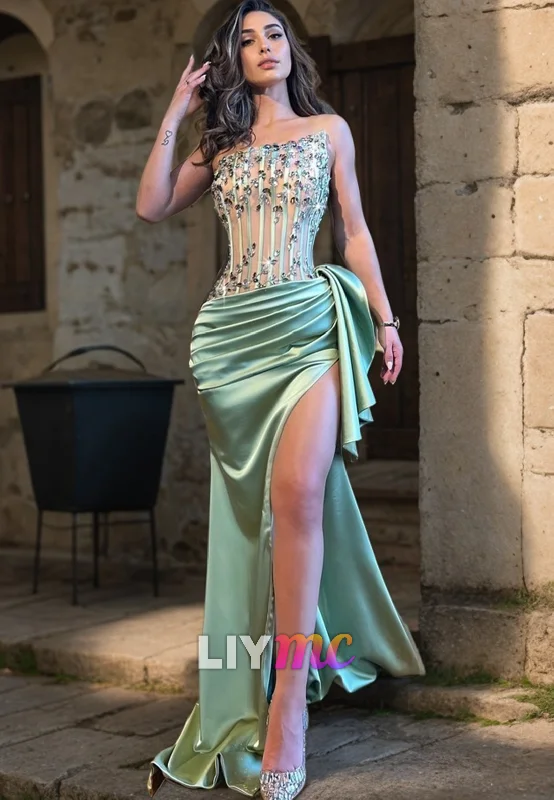 Comfortable Garments For Women Ride The Style Wave LP2311 - Asymmetrical Sleeveless Beaded Ruched High Slit Prom Dress